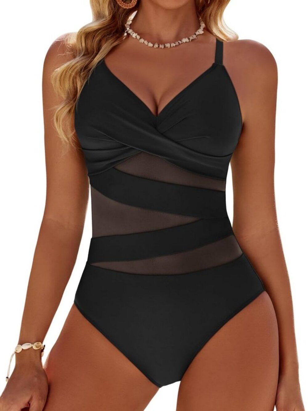 Tummy Control One Piece Swimsuit with Mesh Detail & Push Up Support for Women